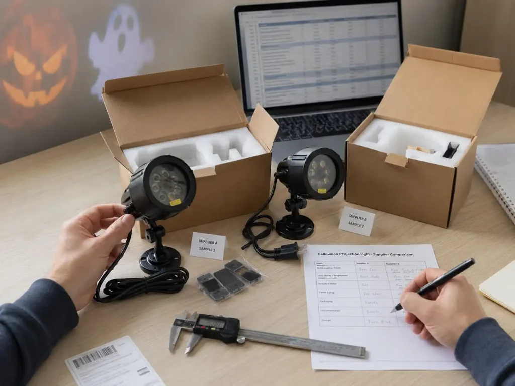 Ecommerce operator comparing two Halloween projection light samples from different suppliers