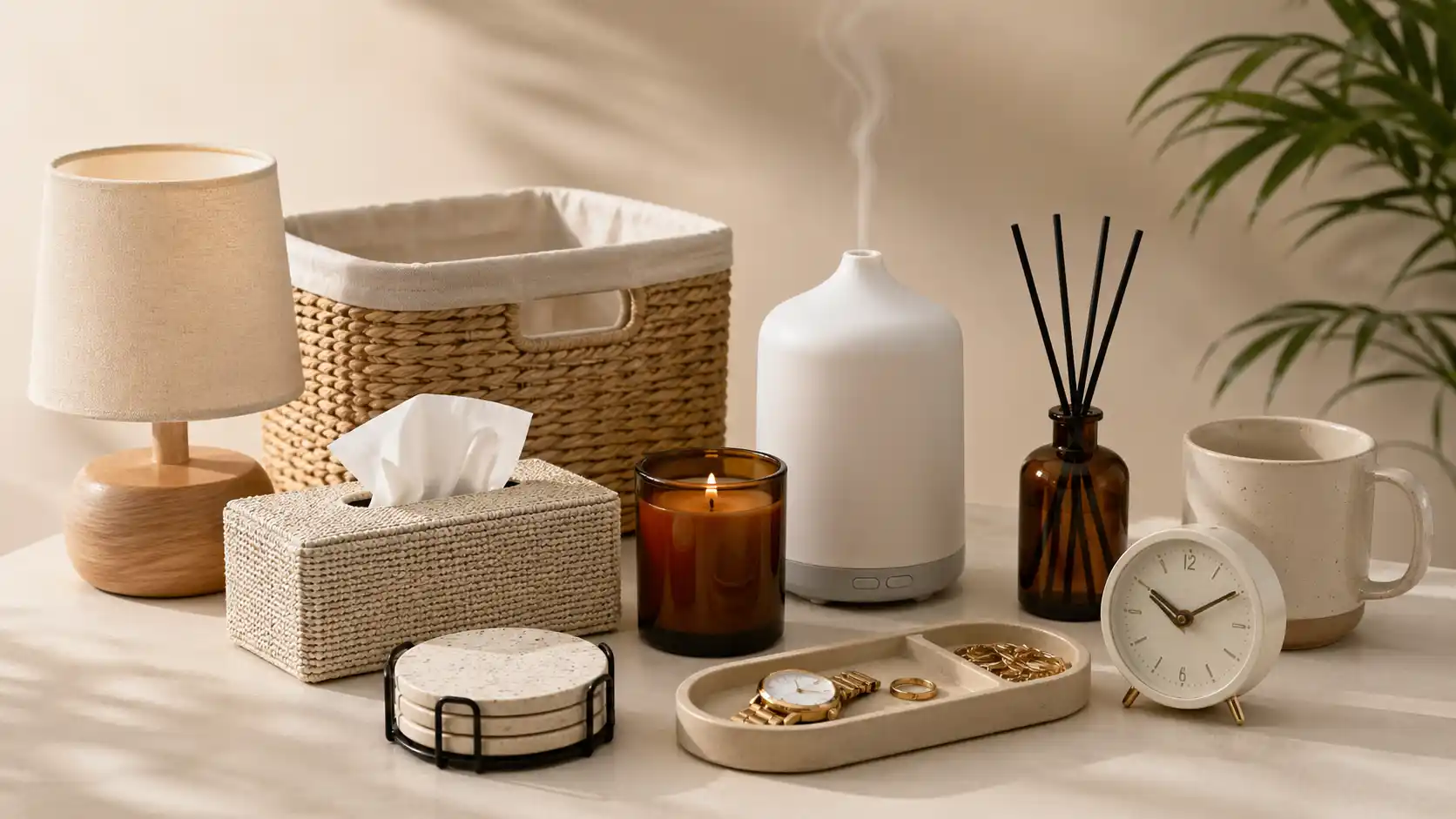 Home and lifestyle products including lamp, basket, tissue box, diffuser, candle, mug, coasters, clock and tray