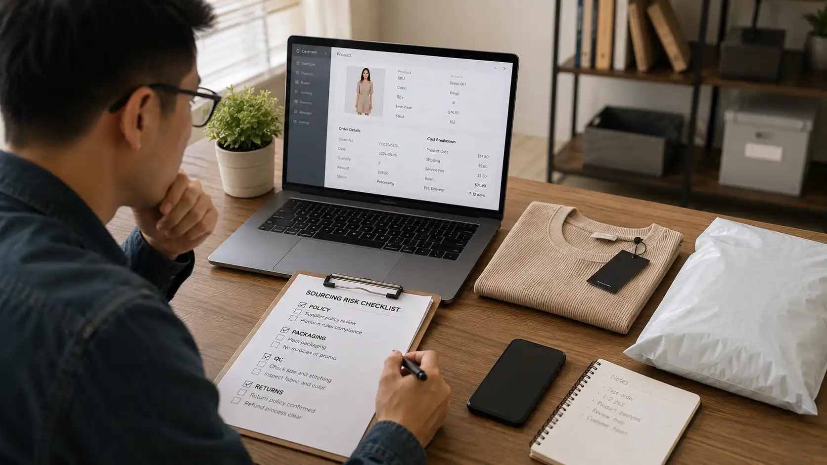 Seller reviewing SHEIN dropshipping risks with a sourcing checklist, clothing sample, order details, packaging, QC, and returns notes.