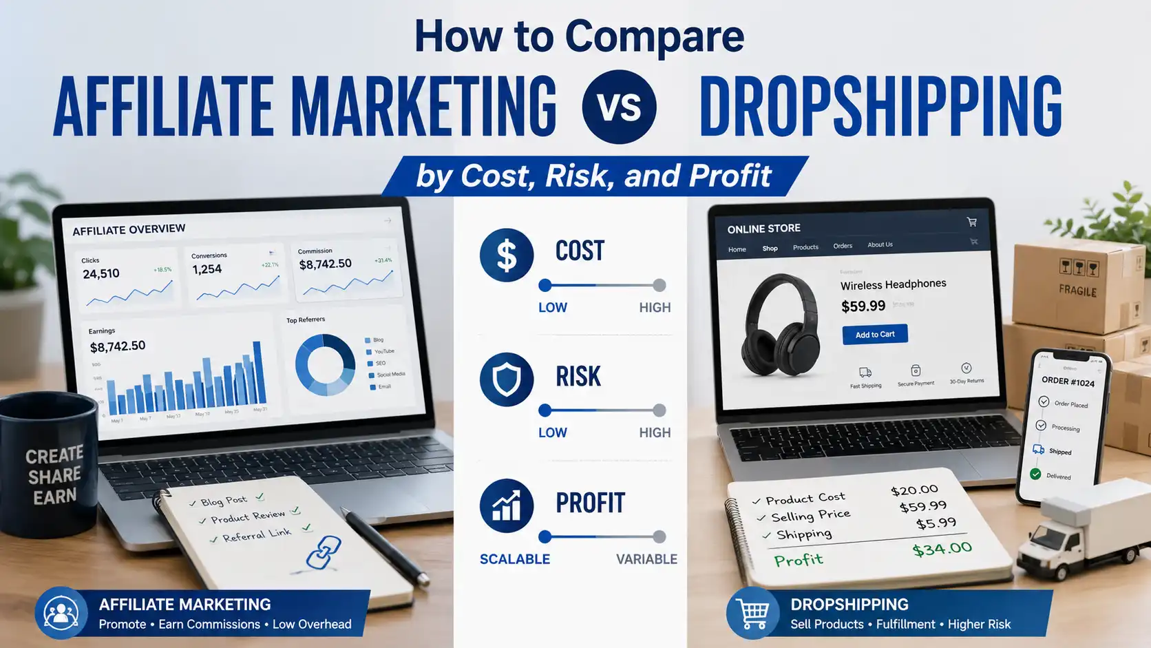 Affiliate marketing vs dropshipping comparison by cost, risk, and profit
