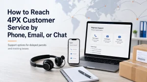 Laptop and phone showing 4PX customer service options by phone, email, and chat