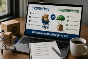 E commerce dropshipping comparison with traditional ecommerce on a laptop screen