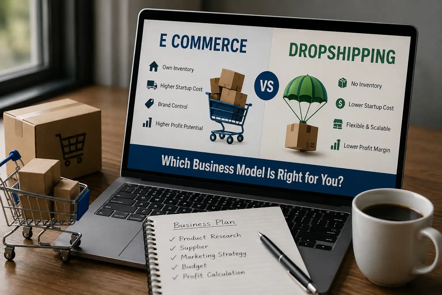 E commerce dropshipping comparison with traditional ecommerce on a laptop screen