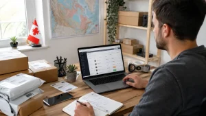 Seller planning a dropshipping Canada store with parcels, shipping labels, and an ecommerce dashboard