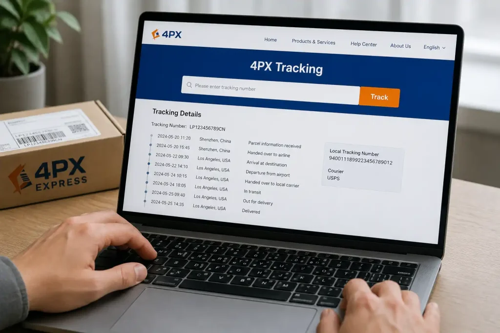 4PX Tracking page showing parcel updates and a local carrier tracking number
