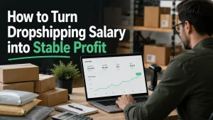 Seller reviewing dropshipping profit growth on a laptop with shipping boxes in a warehouse workspace