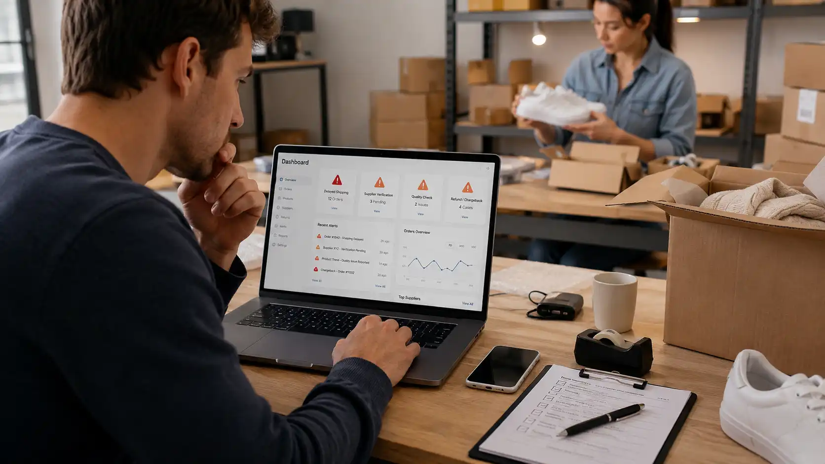 Seller checking supplier risk alerts and product quality before shipping dropshipping orders