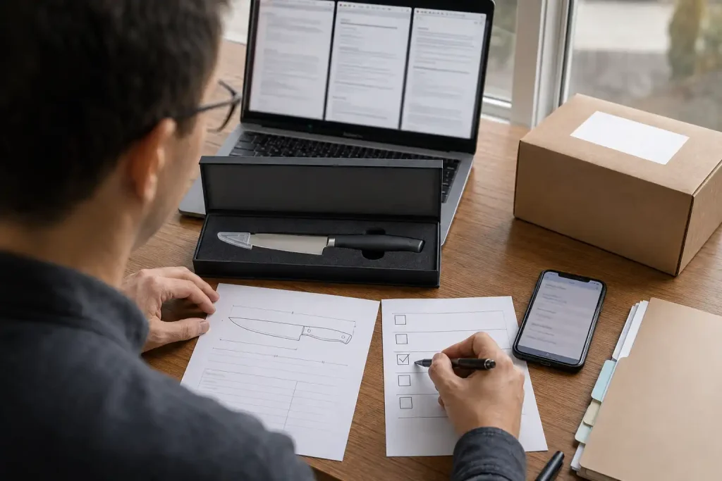 Ecommerce operator reviewing one kitchen knife SKU, platform requirements, shipping route, and product specifications