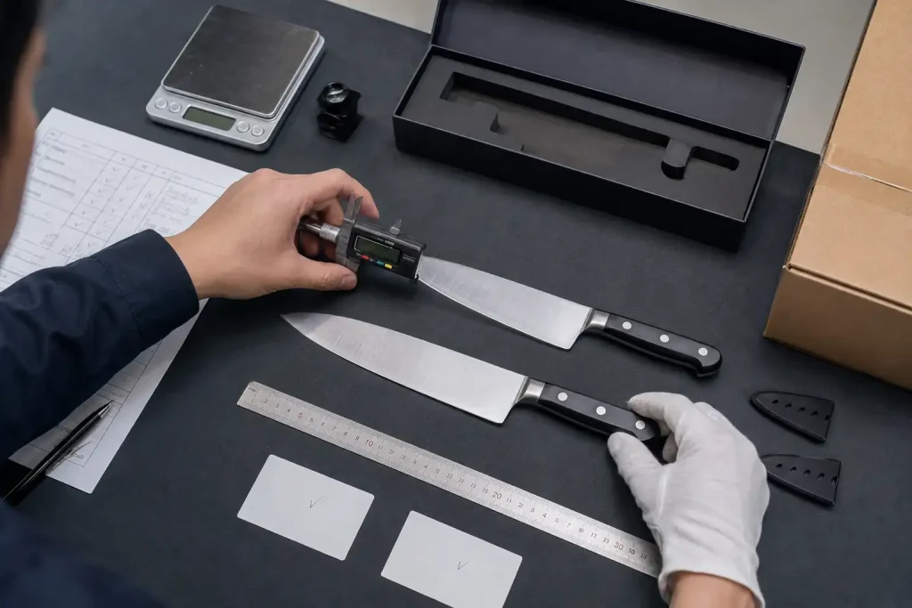 Quality inspector comparing two chef knife samples with a digital caliper, ruler, packaging insert, and inspection checklist