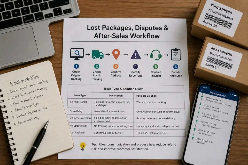 Lost package and after-sales workflow for checking tracking, local carrier updates, address issues, and next steps
