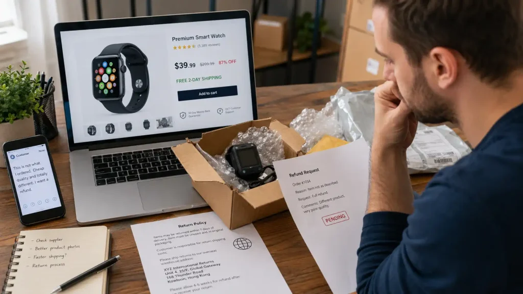Seller comparing an advertised smartwatch with a low-quality product and customer refund request