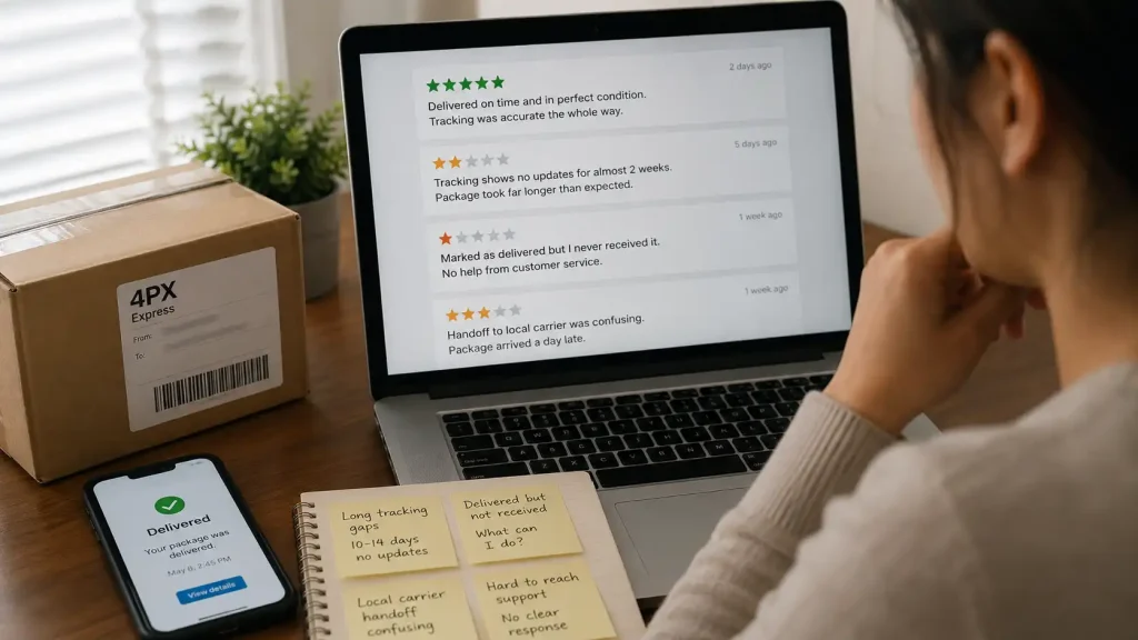 Buyer comparing mixed 4PX reviews about tracking delays, delivery problems, and local carrier handoffs