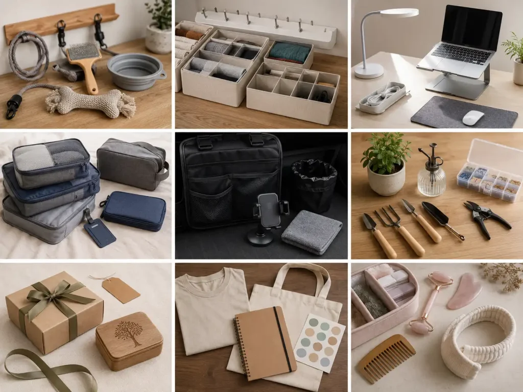 Nine dropshipping store concepts including pet, home, travel, car, hobby, gift, merchandise, and self-care products