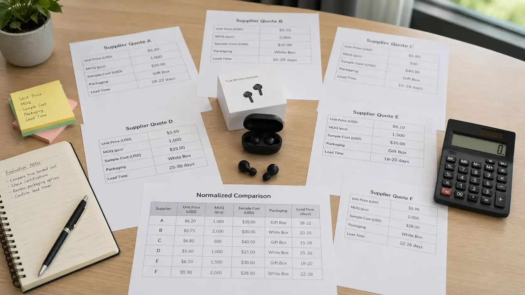 Multiple supplier quotes compared with a normalized cost comparison sheet for wireless earbuds