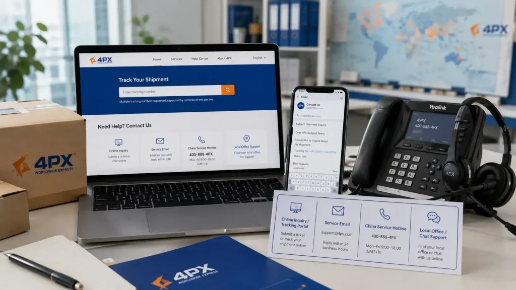 Laptop, email, hotline, and tracking portal showing official 4PX contact channels