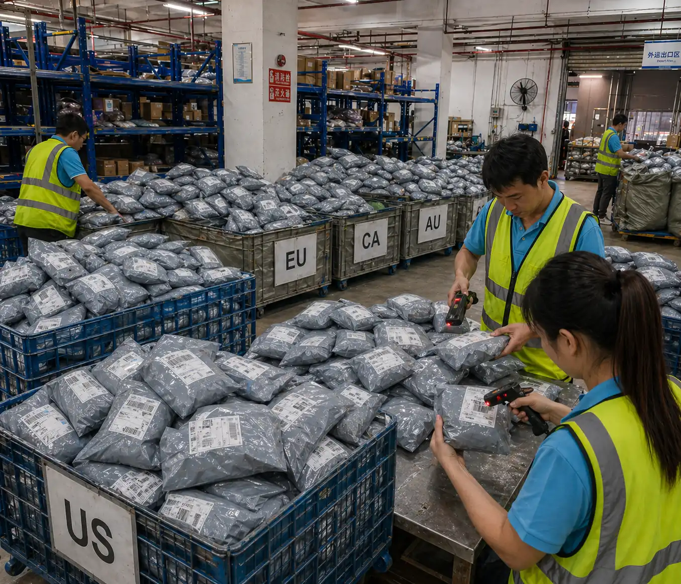 Warehouse team scanning outbound dropshipping parcels sorted by US EU CA and AU routes