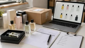 Perfume dropshipping workspace with fragrance products, shipping parcel, invoice, quality checklist, and online store