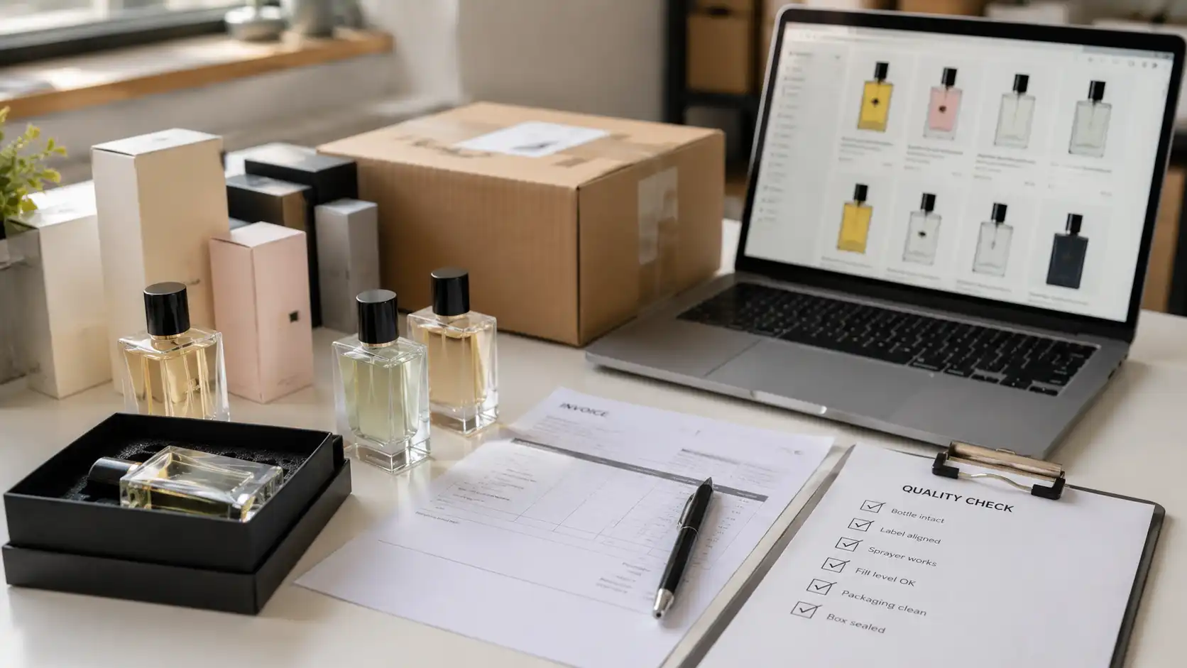 Perfume dropshipping workspace with fragrance products, shipping parcel, invoice, quality checklist, and online store