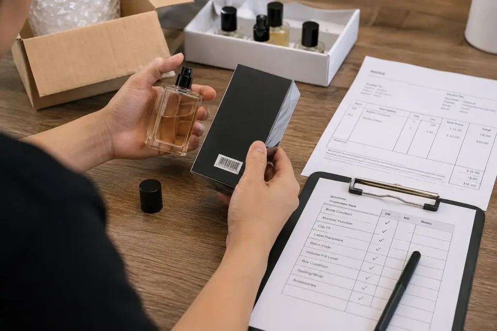 Inspector checking a perfume bottle, packaging, batch details, invoice, and quality-control checklist