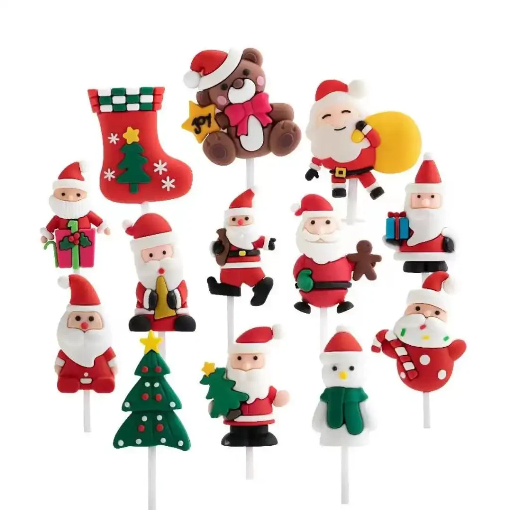 Christmas character ornaments featuring Santa, a bear, stocking, snowman and Christmas tree designs