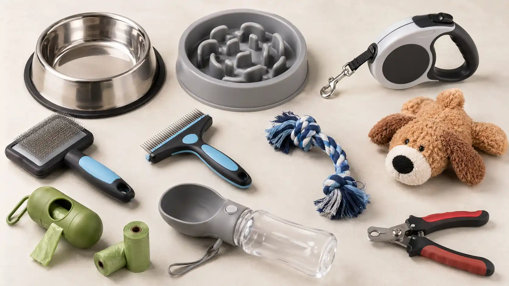 Pet products including pet bowl, slow feeder, leash, grooming brush, comb, rope toy, plush toy, waste bags, water bottle and nail clipper