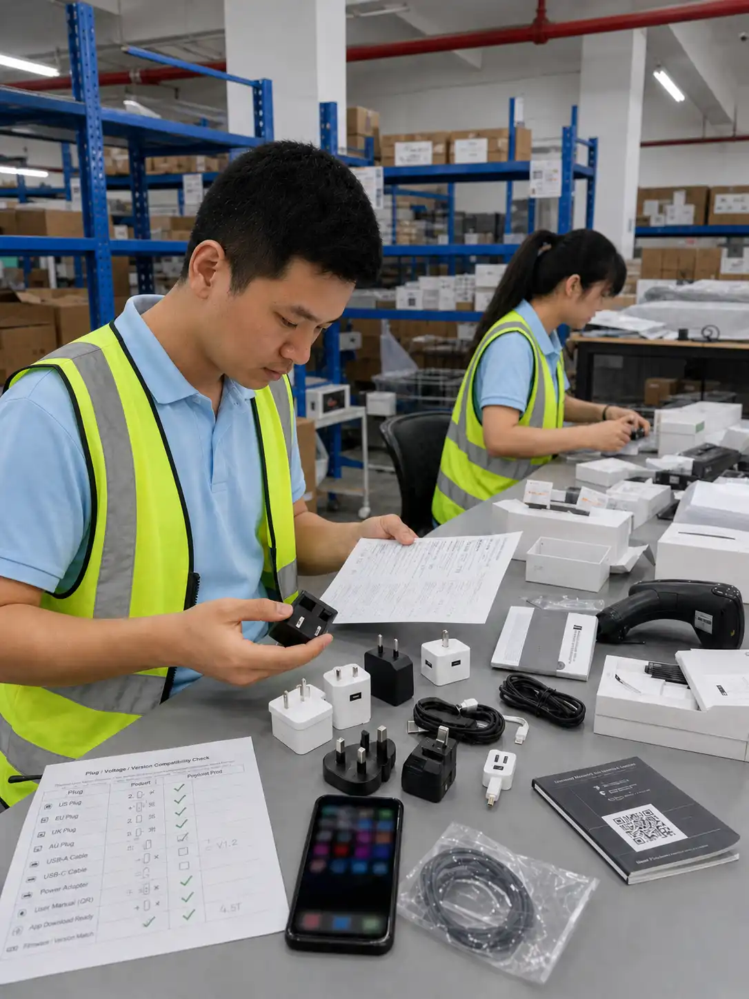 Warehouse staff checking plug type, power adapter, cables, and version compatibility for electronics orders
