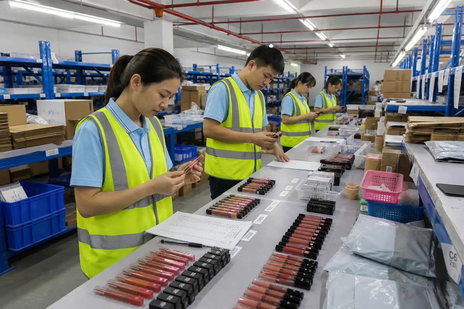 Warehouse staff checking cosmetic shade variants and SKU labels before dispatch