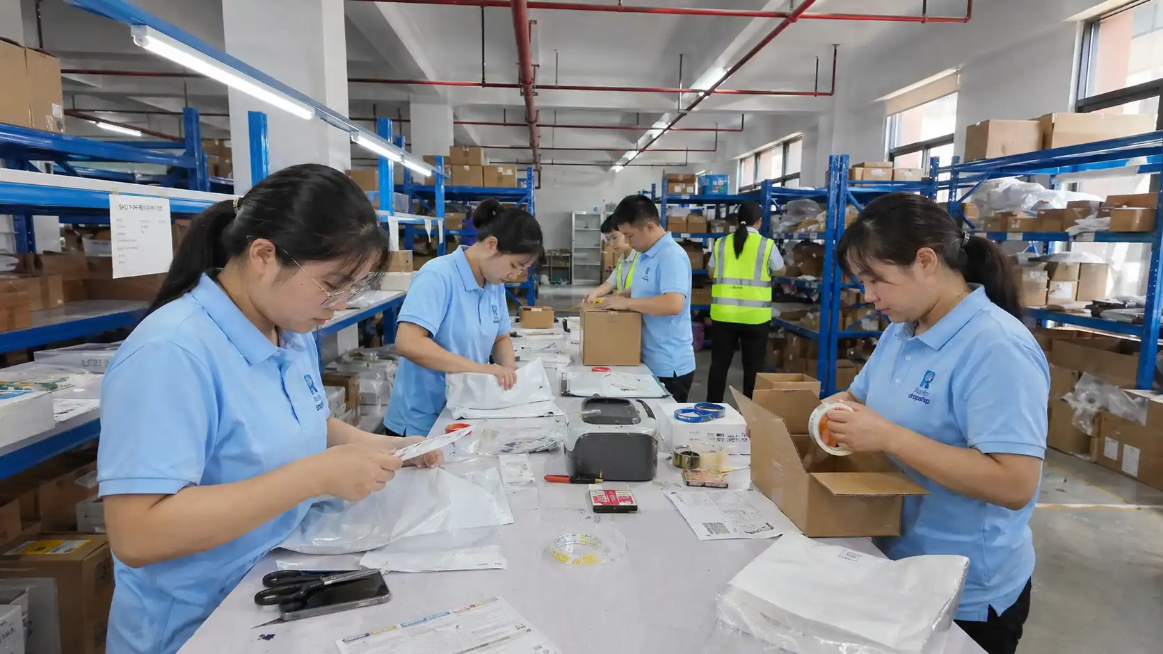 Runto private dropshipping agent team verifying parcel labels and packing details before dispatch in a real China warehouse