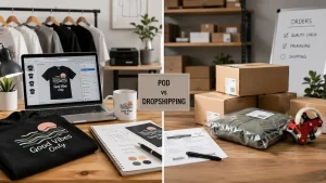 Print-on-demand design workspace compared with dropshipping packing and order preparation setup