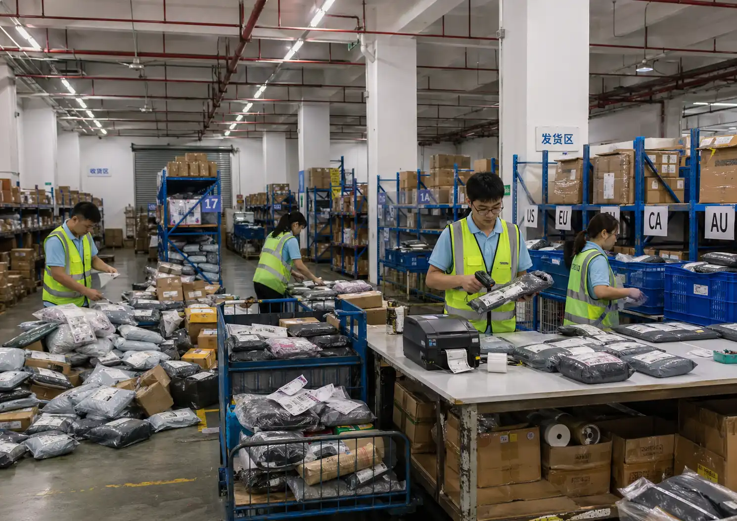 Warehouse team scanning and sorting dropshipping parcels after switching to private agent dropshipping