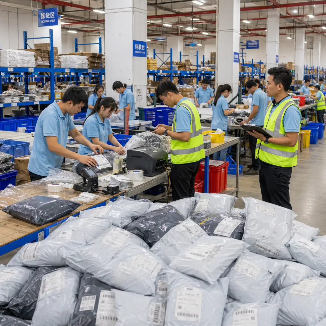 Dedicated Shopify dropshipping agent team packing and scanning parcels in a China warehouse