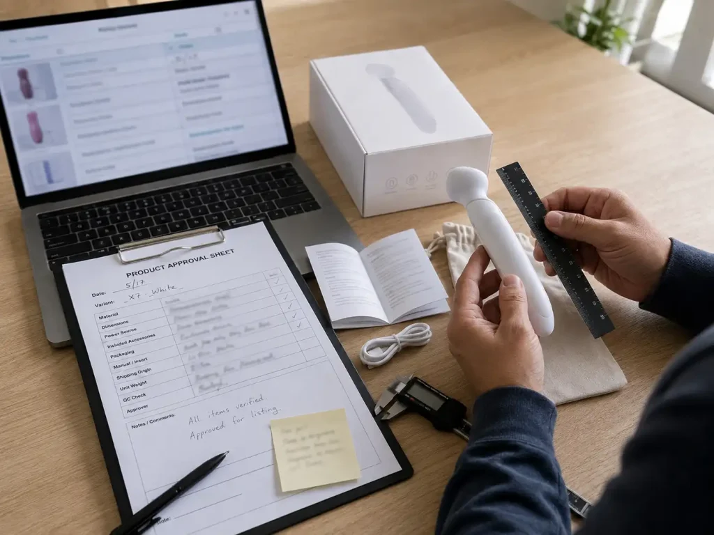 Ecommerce operator checking a sex toy sample, packaging, accessories, and approval records