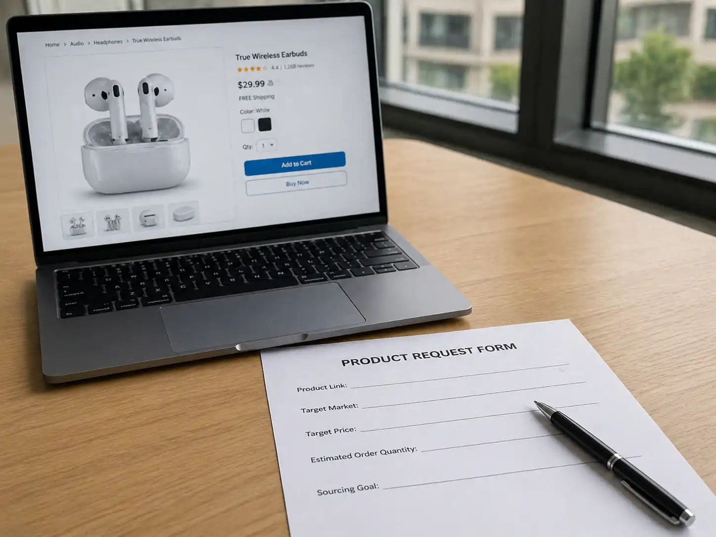 Product request form beside a laptop showing wireless earbuds product details