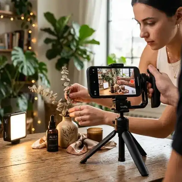 Creator filming real product footage for dropshipping video ads with a smartphone and light