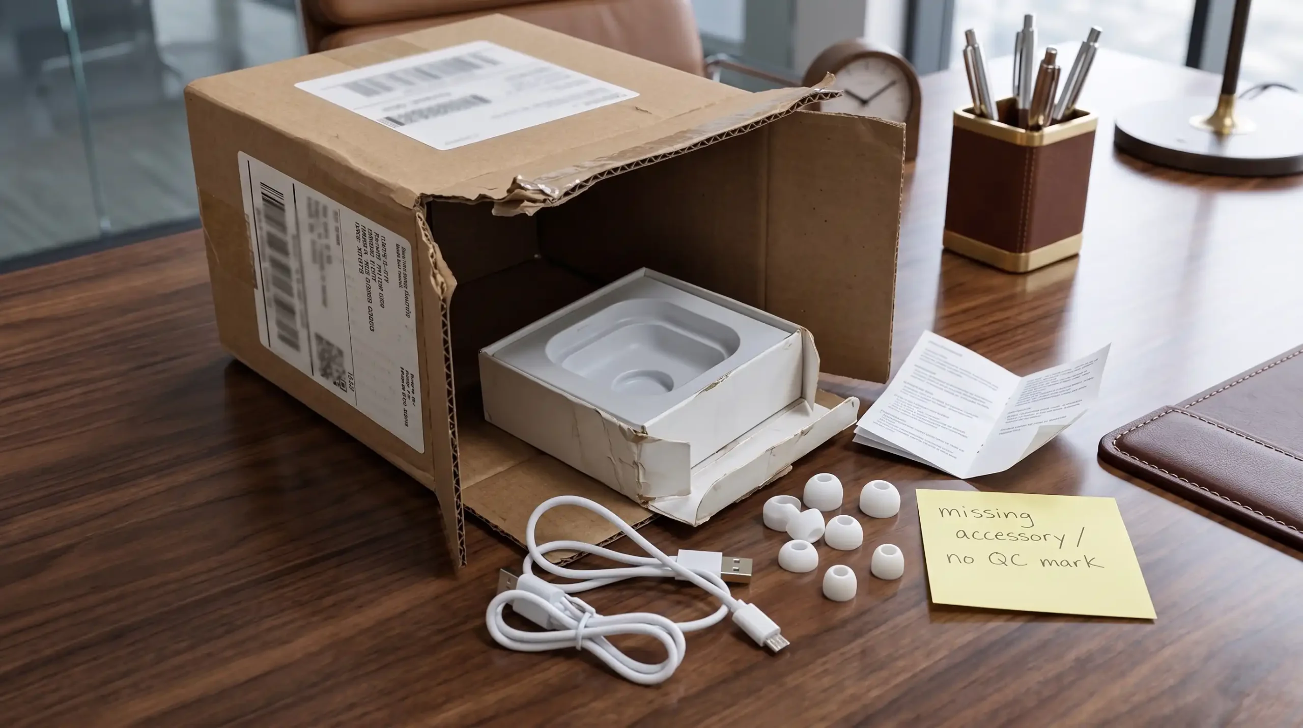 Public supplier parcel with missing accessory, no QC mark and unclear order control