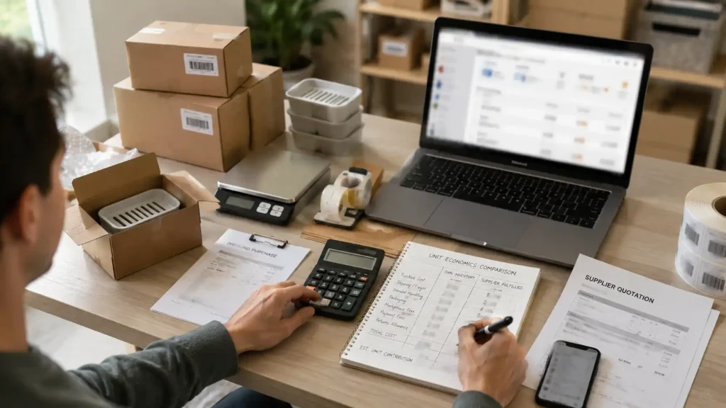 Ecommerce operator comparing unit economics for the same product under reselling and dropshipping fulfillment models.
