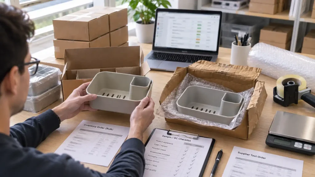 Ecommerce operator inspecting the same product from seller-held inventory and a supplier-fulfilled test order.
