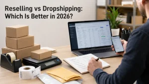 Reselling vs Dropshipping featured image showing a modern ecommerce workspace with shipping boxes, a laptop, and order management tools