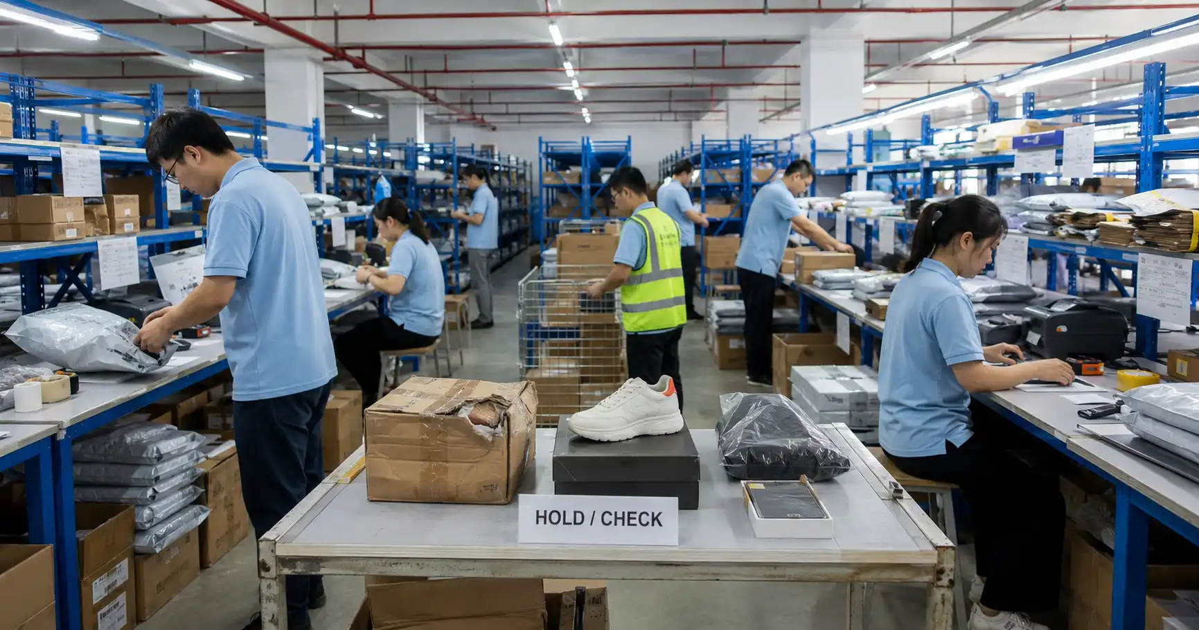 RuntoDropship warehouse exception area with hold check items separated from normal outbound products