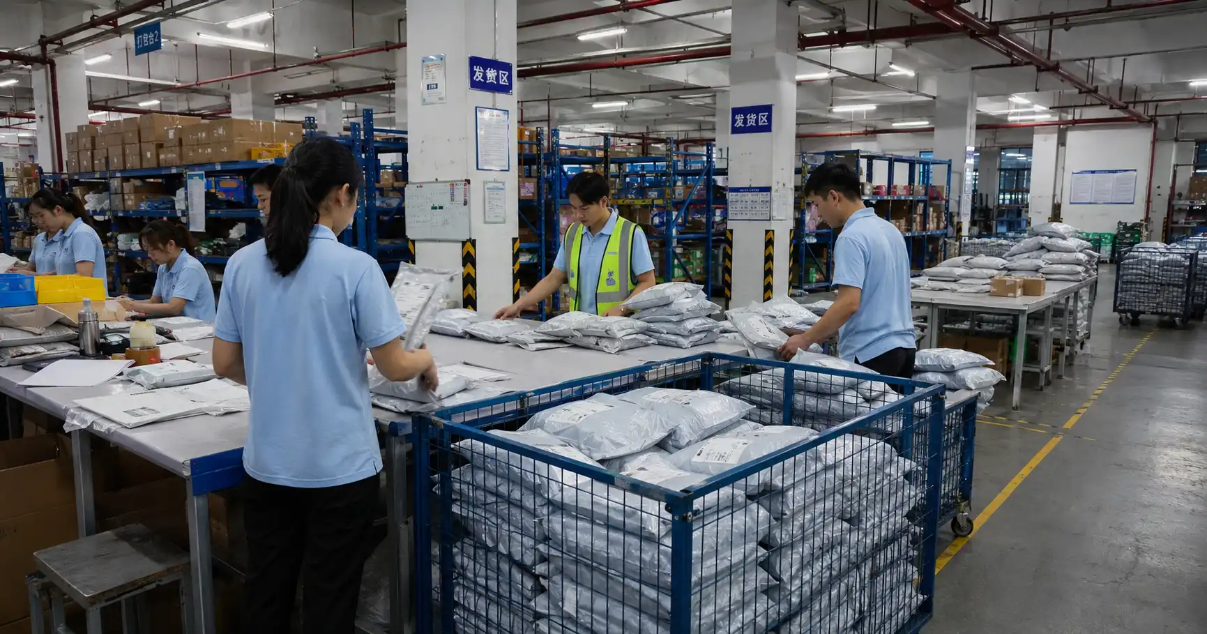 RuntoDropship warehouse team grouping finished parcels before carrier pickup and dispatch handover