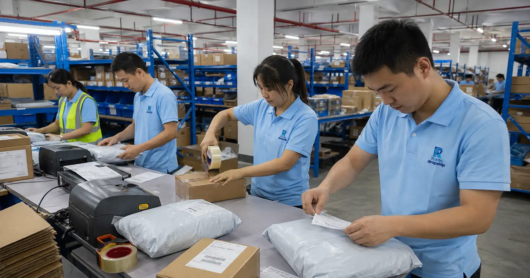 RuntoDropship team packing parcels with courier bags labels cartons and order papers at warehouse tables