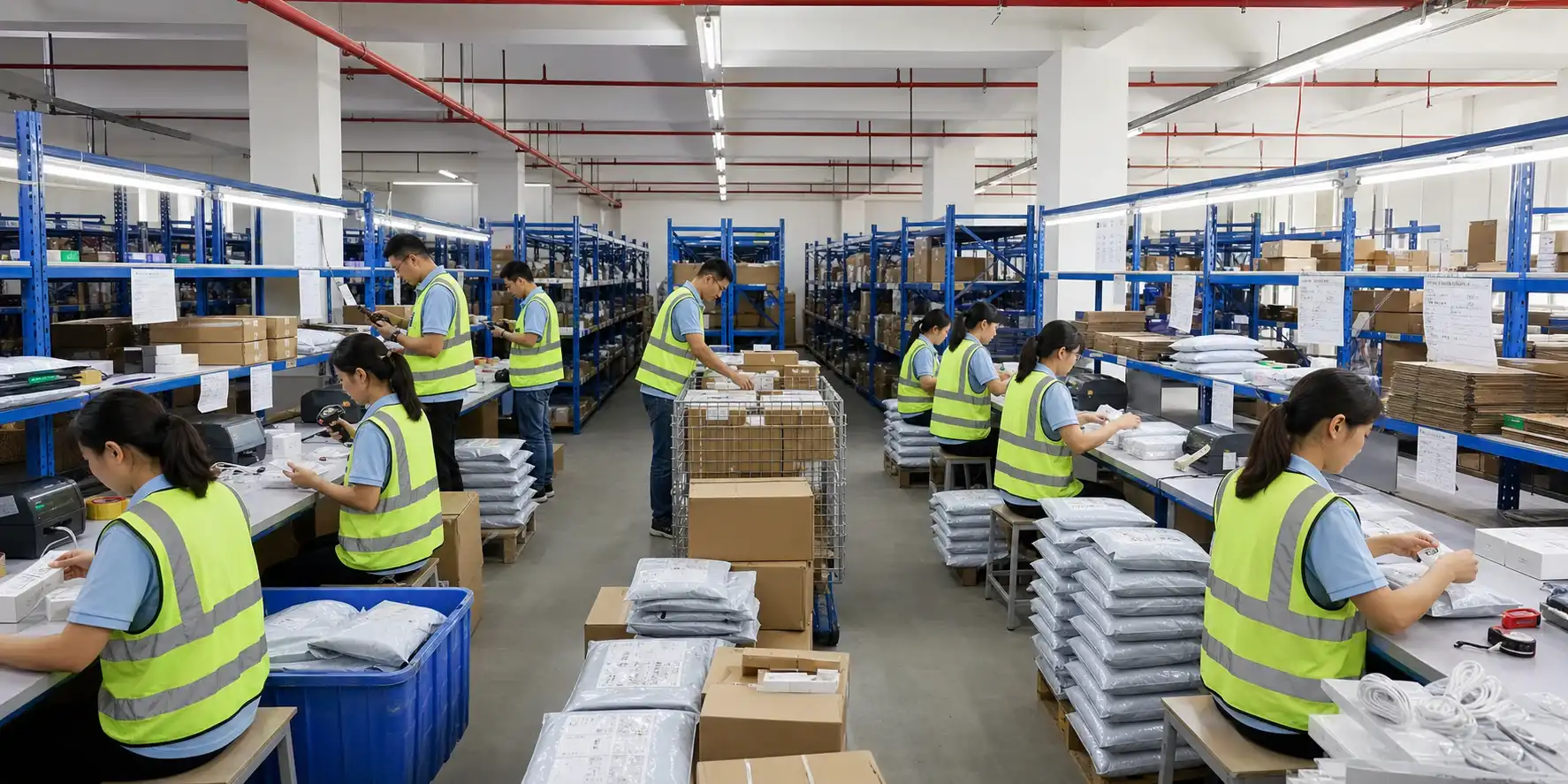 Private dropshipping agent warehouse team preparing outbound dropshipping parcels at packing tables