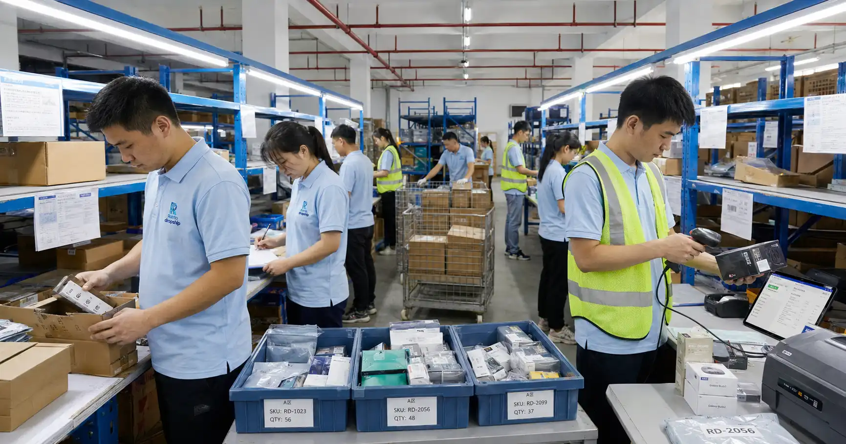 RuntoDropship team receiving products and sorting incoming goods by SKU in the warehouse