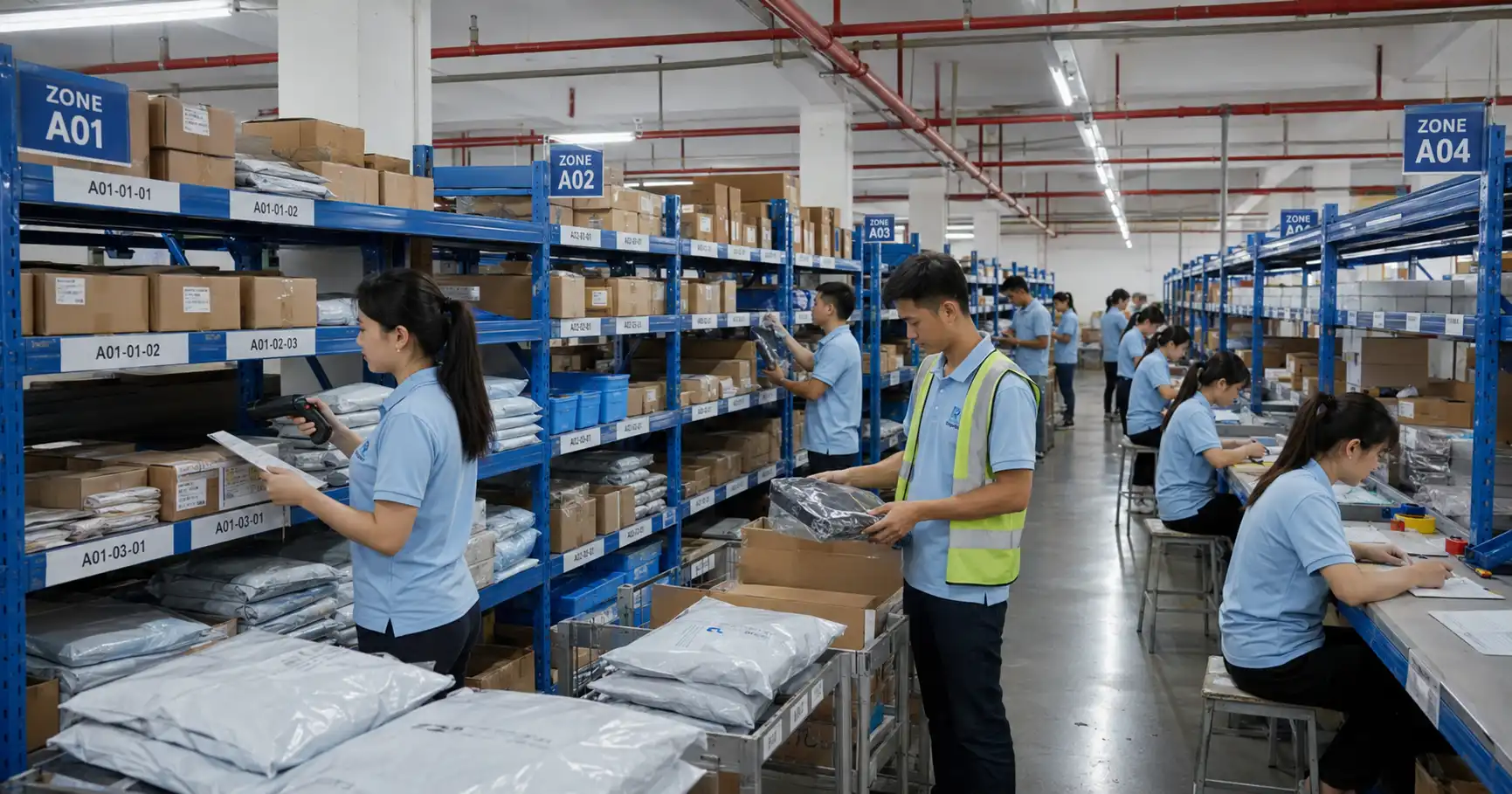 RuntoDropship warehouse team organizing products by SKU and batch on blue storage shelves