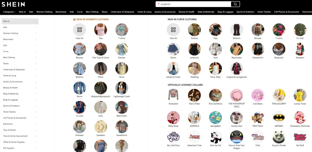 SHEIN category menu showing fashion sections and officially licensed collaborations related to product media and IP risks.