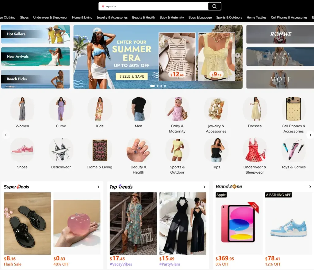 SHEIN homepage showing fashion categories, trending products, hot sellers, and product discovery options for dropshipping research.
