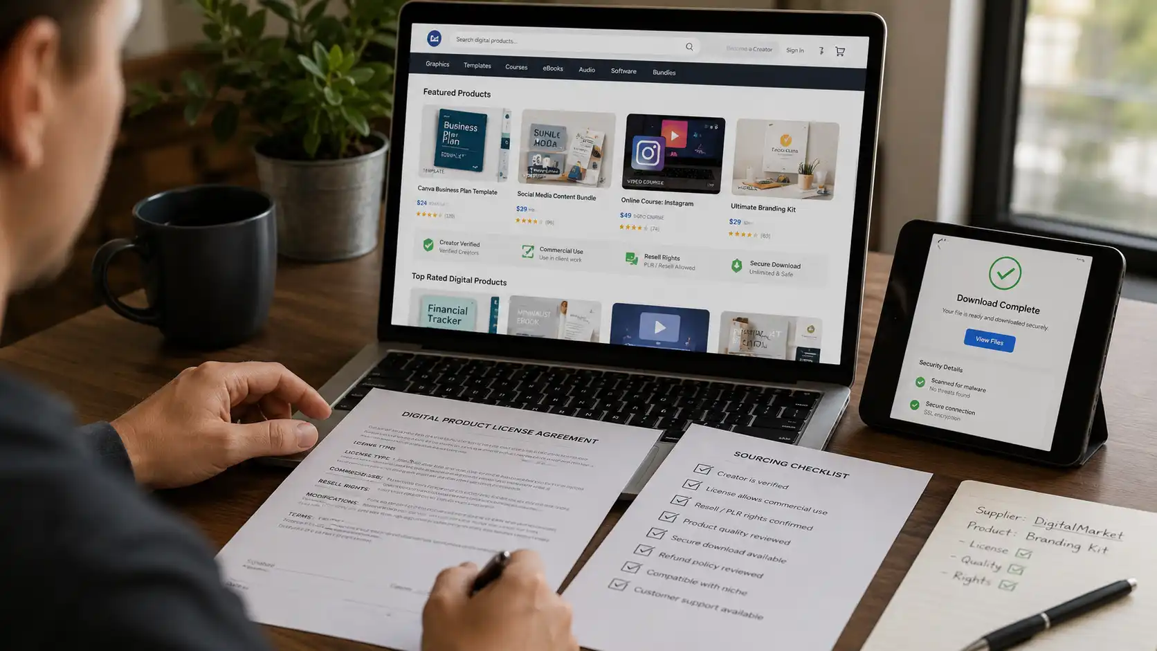 Seller checking digital product license, resell rights, and secure download before sourcing
