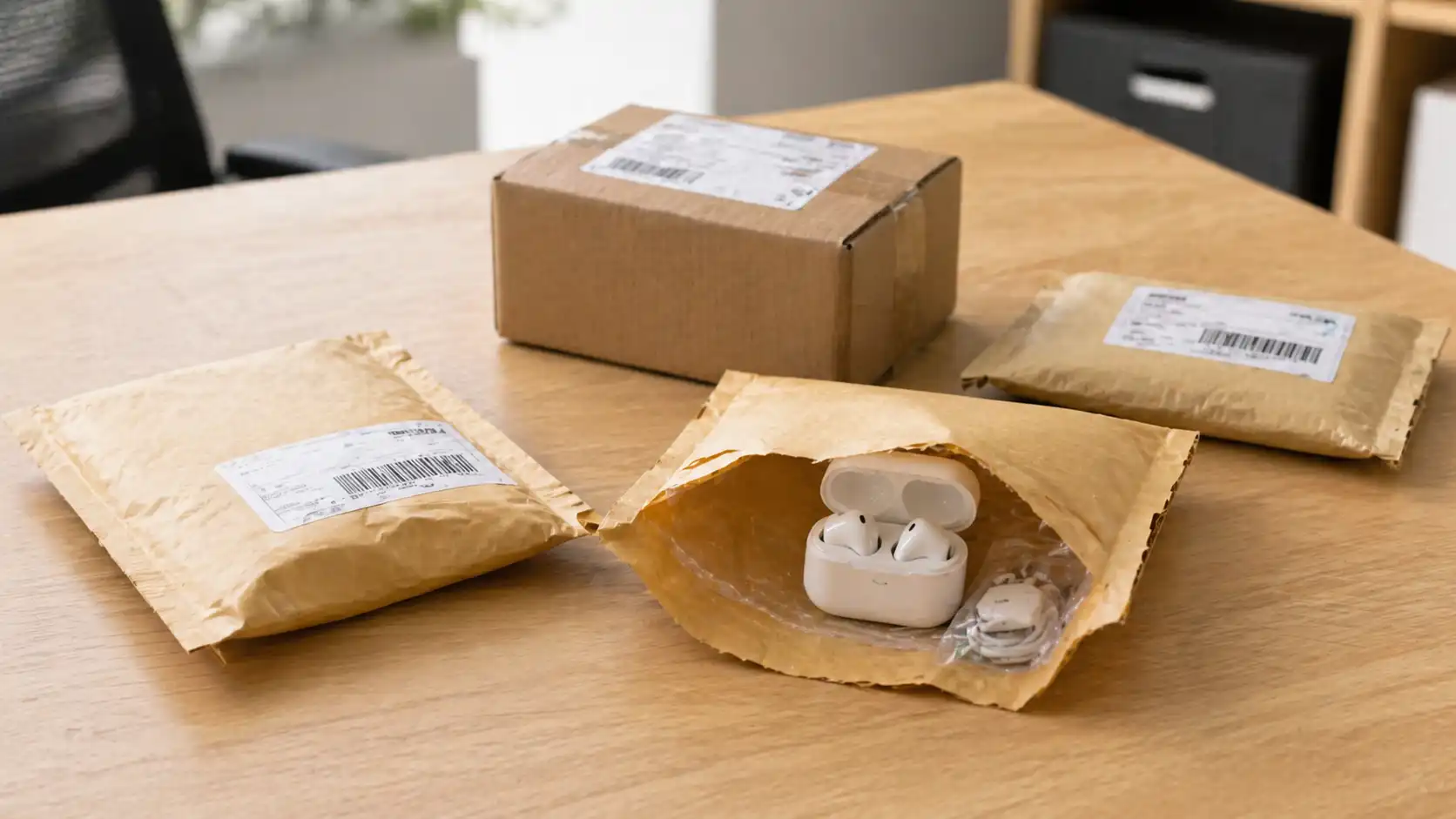 Wireless earbuds sample packages received and opened for sourcing evaluation