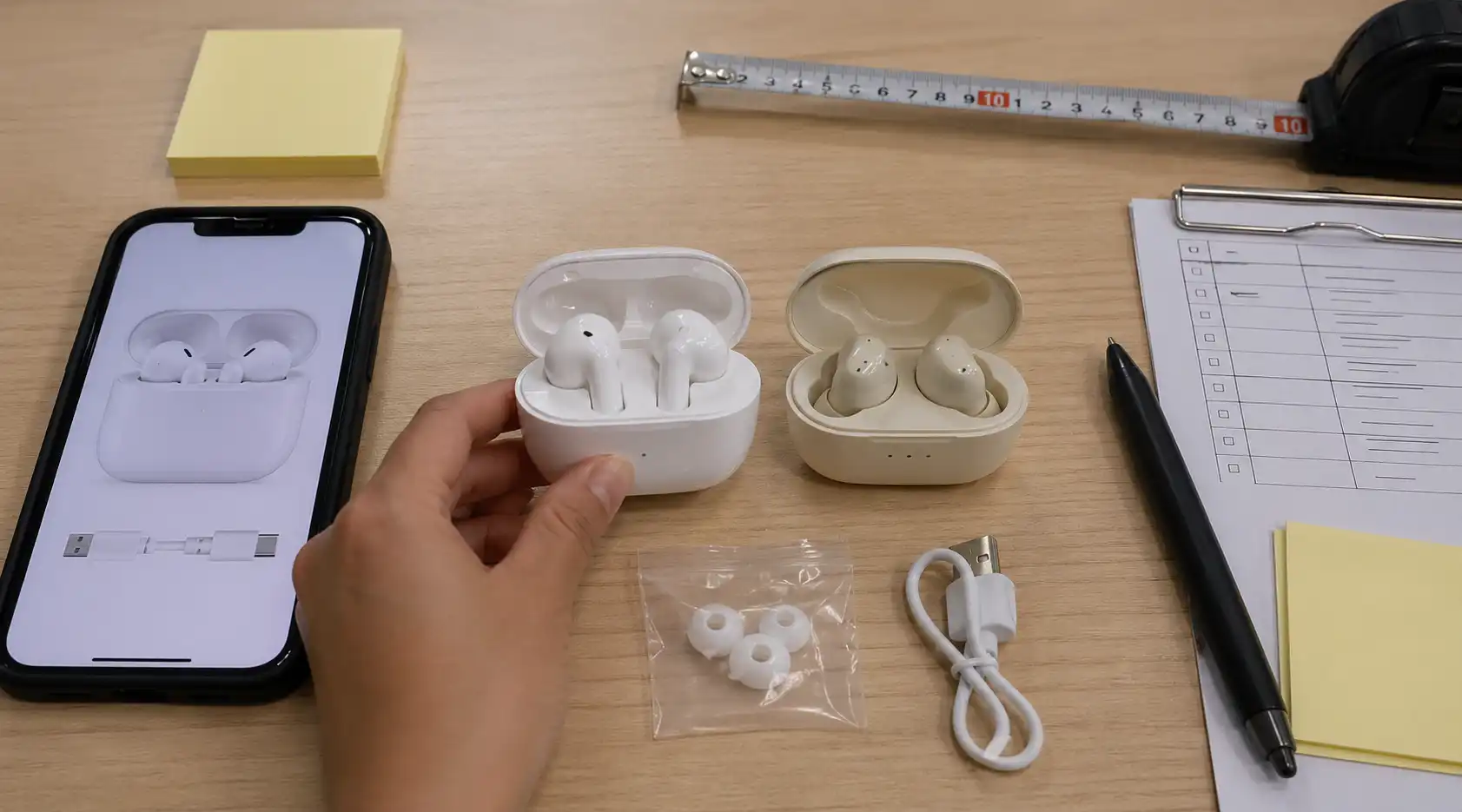 Wireless earbuds sample compared against product reference image and accessory details
