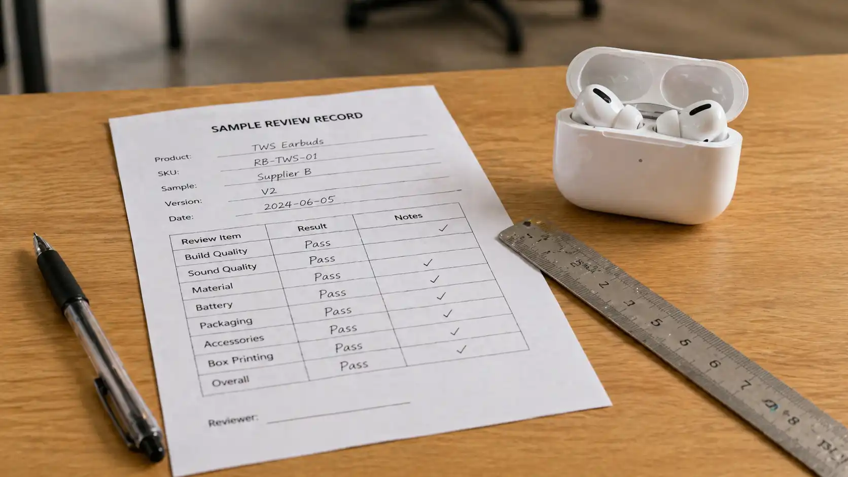 Wireless earbuds sample reviewed with a sample review record and measuring ruler